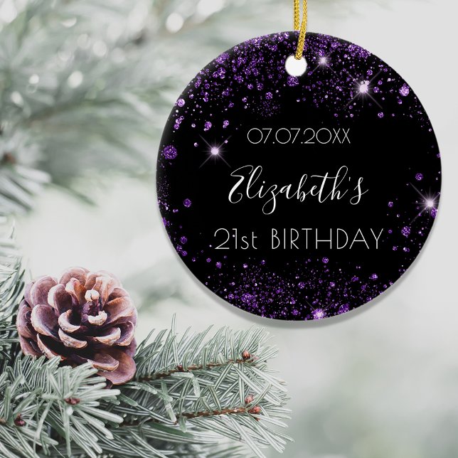 Birthday black purple glitter name elegant ceramic tree decoration (Creator Uploaded)