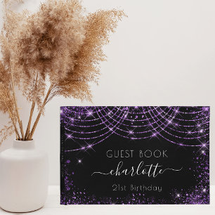 Birthday black purple glitter name guest book