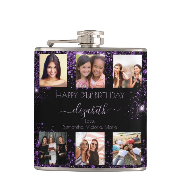 Birthday black purple glitter photo collage friend hip flask (Front)