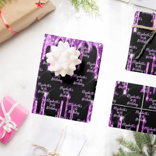 Birthday black purple glitter pink drips monogram  wrapping paper sheet