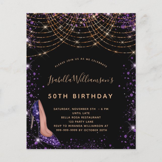 Birthday black purple glitter shoe invitation (Front)