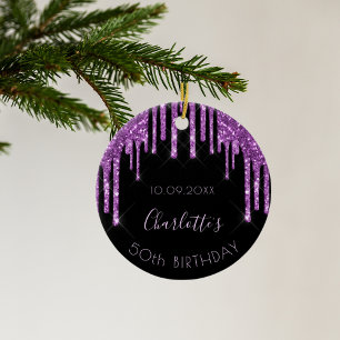Birthday black purple glitter sparkle monogram ceramic tree decoration