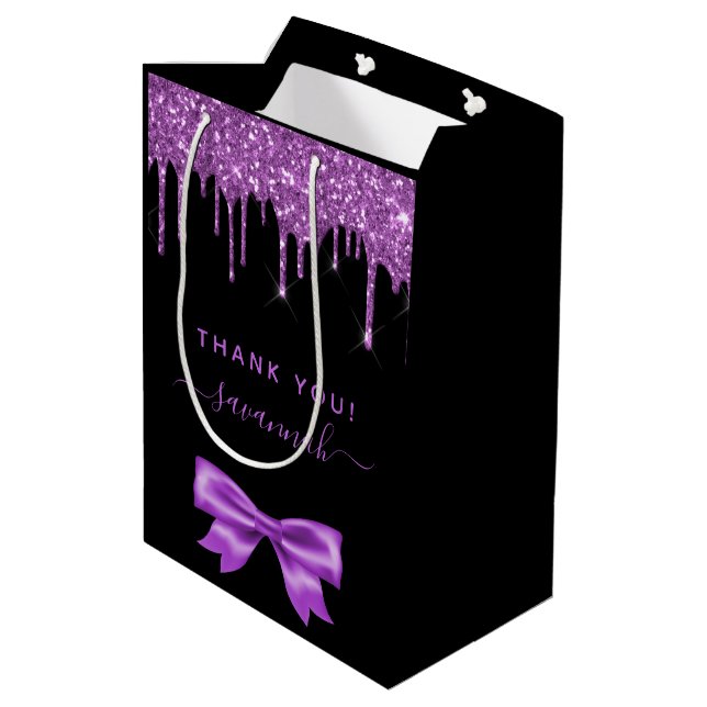 Birthday black purple glitter thank you favour medium gift bag (Back Angled)