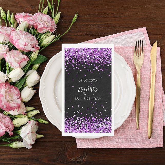 Birthday black purple name napkin (Creator Uploaded)