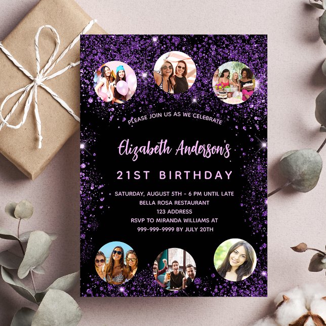 Birthday black purple sparkles photo friend invitation postcard (Creator Uploaded)