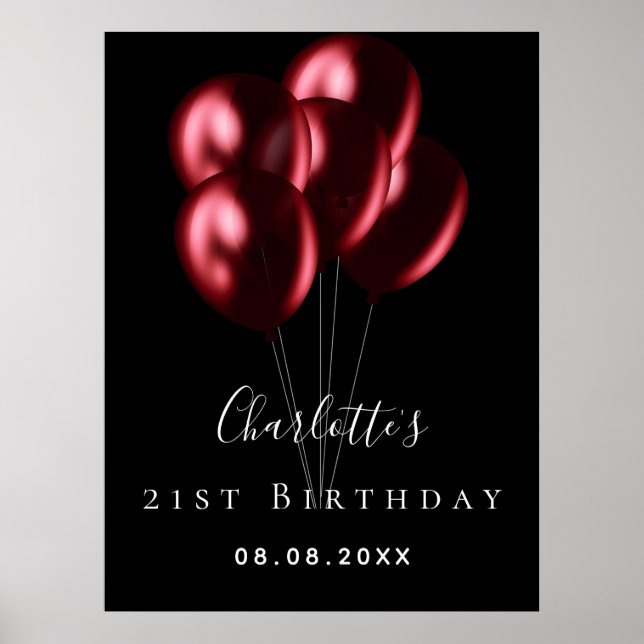 Birthday black red balloons name welcome poster (Front)