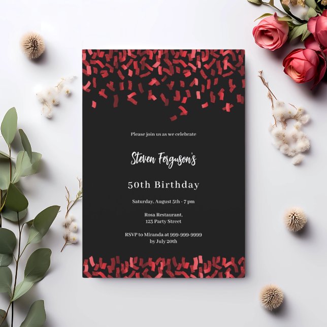Birthday black red confetti invitation (Creator Uploaded)