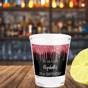 Birthday black red glitter drips name  shot glass