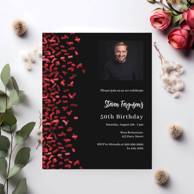 Birthday black red photo invitation (Creator Uploaded)