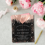 Birthday black rose gold balloons invitation<br><div class="desc">A black background. Decorated with rose gold,  blush sparkles and balloons.  Personalise and add a name,  age 21 and party details. The name is written with a hand lettered style script</div>