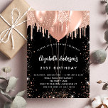 Birthday black rose gold glitter balloons luxury invitation<br><div class="desc">A black background. Decorated with rose gold,  blush faux glitter drips,  paint dripping look and balloons.  Personalise and add a name,  age 21 and party details. The name is written with a hand lettered style script</div>