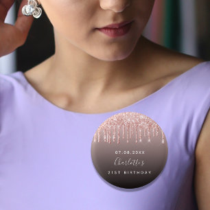 Birthday black rose gold glitter drips name 3 cm round badge