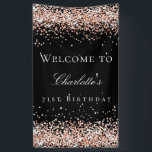 Birthday black rose gold glitter welcome banner<br><div class="desc">A welcome board for a girly and glamourous 21st (or any age) birthday party.  A stylish black background decorated with rose gold faux glitter,  sparkles.   Personalise and add a name and age 21.  White letters.</div>
