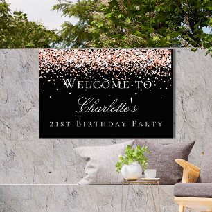 Birthday black rose gold glitter welcome garden sign