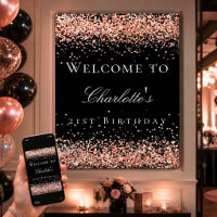Birthday black rose gold glitter welcome
