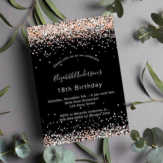 Birthday black rose gold party invitation postcard (Creator Uploaded)