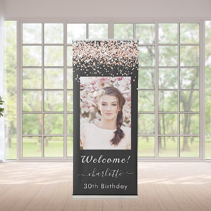 Birthday black rose gold photo welcome retractable banner