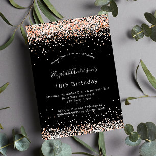 Birthday black rose gold sparkles glamourous party invitation