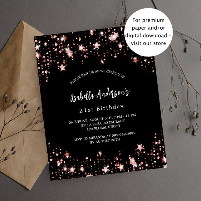 Birthday black rose gold stars invitation (Creator Uploaded)