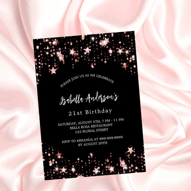 Birthday black rose gold stars luxury invitation (Creator Uploaded)