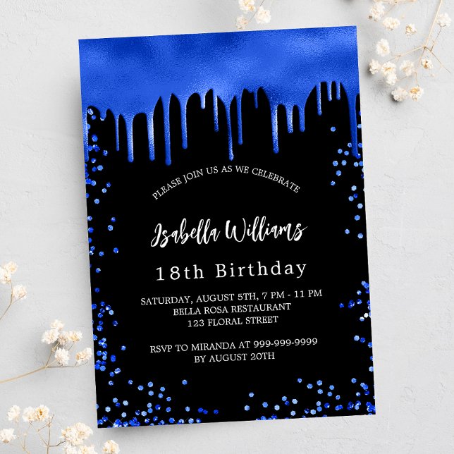 Birthday black royal blue drips invitation postcard (Creator Uploaded)