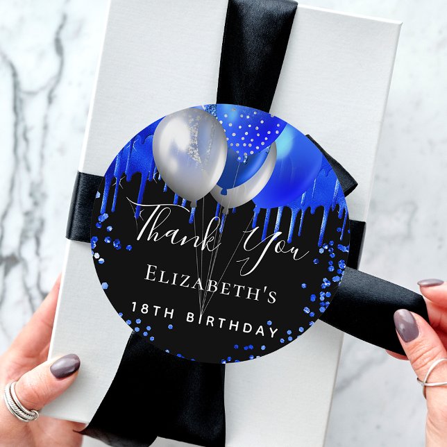 Birthday black royal blue glitter name thank you classic round sticker (Creator Uploaded)