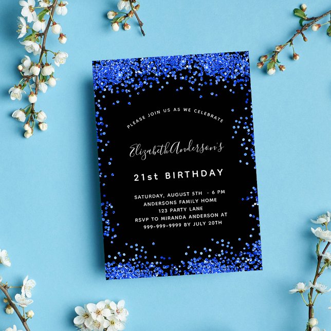 Birthday black royal blue sparkles luxury party invitation (Creator Uploaded)