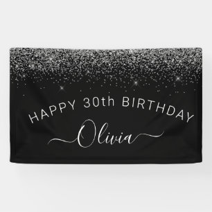 Birthday Black Silver Any Age Glitter Girly Banner