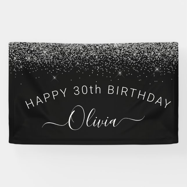 Birthday Black Silver Any Age Glitter Girly Banner (Horizontal)