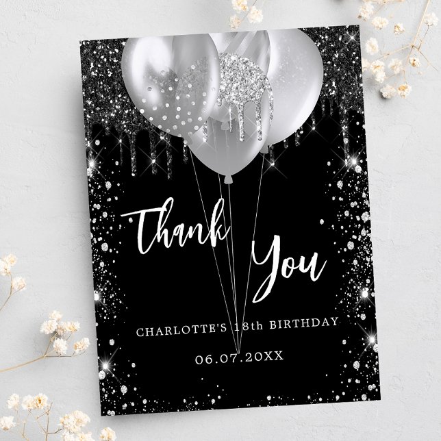 Birthday black silver balloons thank you card (Creator Uploaded)