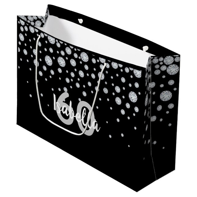 Birthday black silver diamonds monogram large gift bag (Front Angled)