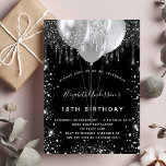Birthday black silver glitter balloons  invitation<br><div class="desc">For an elegant 18th (or any age) birthday.  A stylish black background. Decorated with purple faux glitter and balloons.  Personalise and add a name,  age and party details. The name is written with a hand lettered style script</div>
