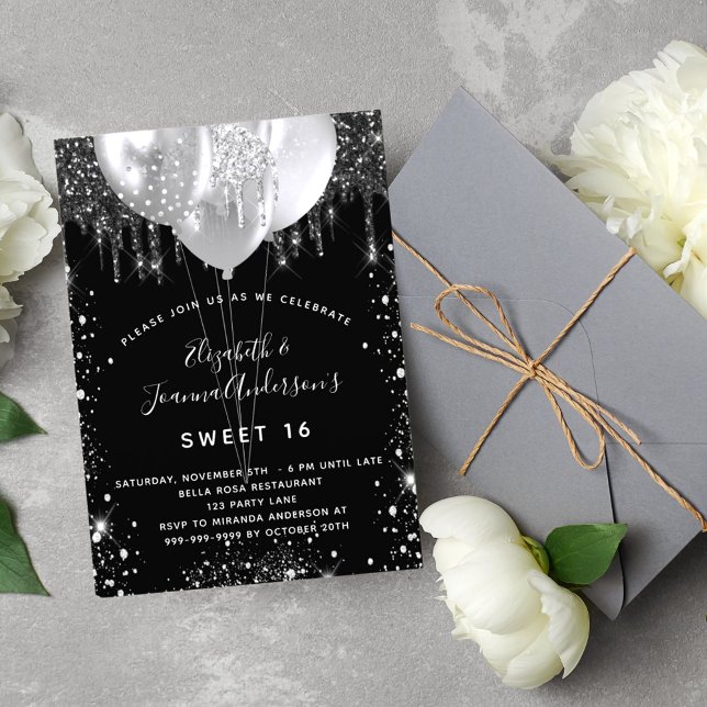 Birthday black silver glitter balloons twins invitation (Creator Uploaded)