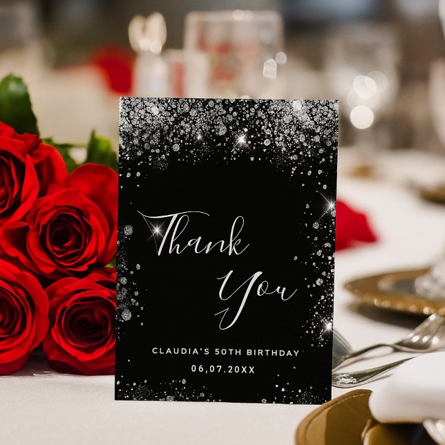 Birthday black silver glitter dust elegant thank you card (Creator Uploaded)