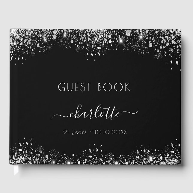 Birthday black silver glitter dust monogram name guest book (Front)