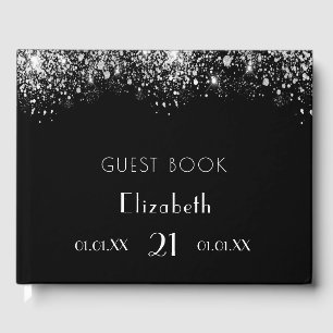Birthday black silver glitter dust monogram name guest book