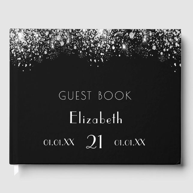 Birthday black silver glitter dust monogram name guest book (Front)
