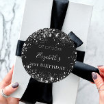 Birthday black silver glitter dust name date classic round sticker<br><div class="desc">For an elegant 21st (or any age) birthday. A classic black background. Decorated with faux silver glitter dust. Personalise and add a date,  name and age 21.
Can be used for party favours and also as a Save the Date reminder for the guests.</div>