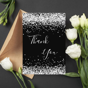 Birthday black silver glitter dust thank you card