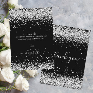 Birthday black silver glitter dust thank you card