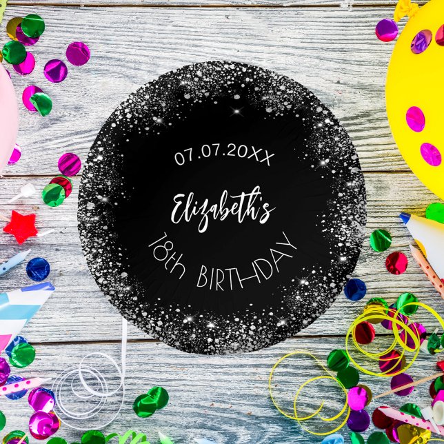 Birthday black silver glitter girl name paper plate (Creator Uploaded)