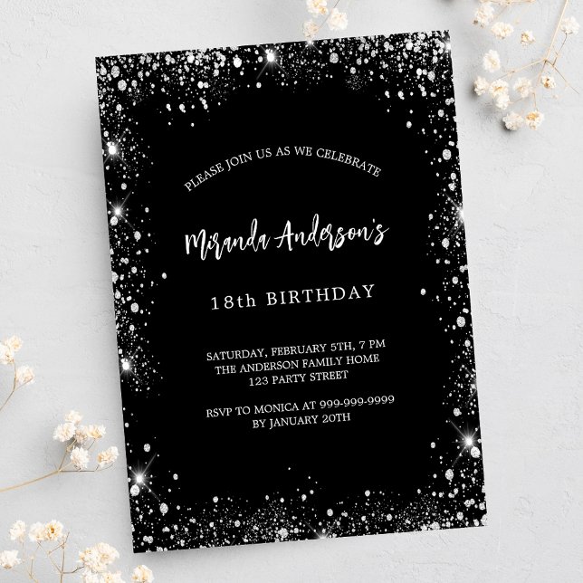 Birthday black silver glitter luxury invitation (Creator Uploaded)