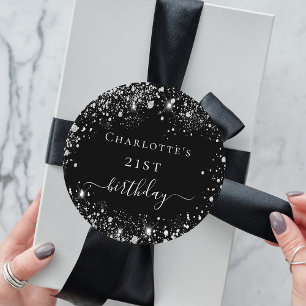 Birthday black silver glitter name classic round sticker