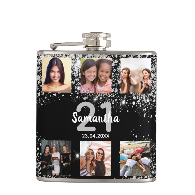 Birthday black silver glitter name photo collage hip flask (Front)