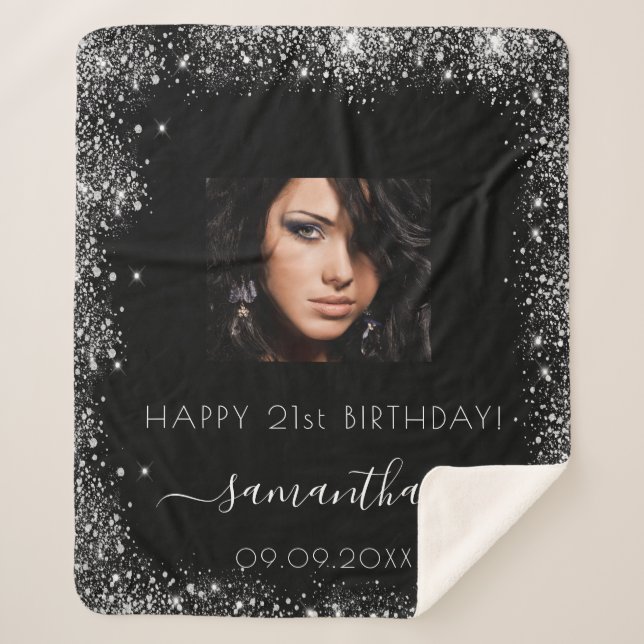 Birthday black silver glitter name photo sherpa blanket (Front)