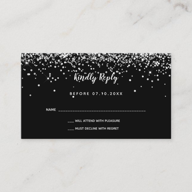 Birthday black silver glitter party RSVP Enclosure Card (Front)