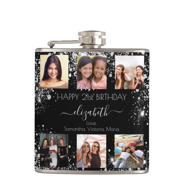 Birthday black silver glitter photo collage friend hip flask (Front)