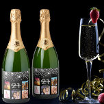 Birthday black silver glitter photo collage name<br><div class="desc">A bottle label for a 21st birthday party, celebrating her life with a collage of 5 of your photos. Templates for a name, age 21 and a date. Date of birth or the date of the party. White and golden coloured letters. Elegant black background colour, decorated with faux silver glitter...</div>