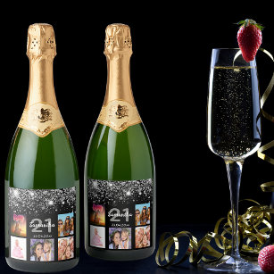 Birthday black silver glitter photo collage name sparkling wine label