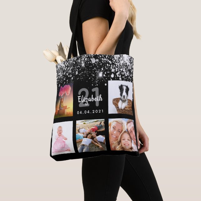 Birthday black silver glitter photo collage name tote bag (Close Up)